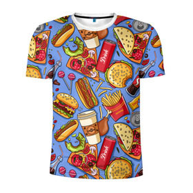Мужская футболка 3D спортивная с принтом Fastfood в Екатеринбурге, 100% полиэстер с улучшенными характеристиками | приталенный силуэт, круглая горловина, широкие плечи, сужается к линии бедра | Тематика изображения на принте: chicken | coffee | cola | drink | dunts | eat | fastfood | frenchfires | hotdog | lollypop | pizza | sweets | бургер | еда | кола | кофе | лимонад | напитки | пицца | пончик | фастфуд | хотдог