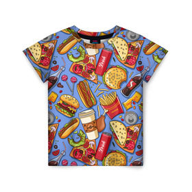 Детская футболка 3D с принтом Fastfood в Екатеринбурге, 100% гипоаллергенный полиэфир | прямой крой, круглый вырез горловины, длина до линии бедер, чуть спущенное плечо, ткань немного тянется | chicken | coffee | cola | drink | dunts | eat | fastfood | frenchfires | hotdog | lollypop | pizza | sweets | бургер | еда | кола | кофе | лимонад | напитки | пицца | пончик | фастфуд | хотдог