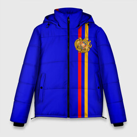Мужская зимняя куртка 3D с принтом Армения лента с гербом в Екатеринбурге, верх — 100% полиэстер; подкладка — 100% полиэстер; утеплитель — 100% полиэстер | длина ниже бедра, свободный силуэт Оверсайз. Есть воротник-стойка, отстегивающийся капюшон и ветрозащитная планка. 

Боковые карманы с листочкой на кнопках и внутренний карман на молнии. | Тематика изображения на принте: armenia | арменин | армения | армяне | армянин | армянка | армянский | ереван | кавказ | кавказец | республика | северный