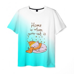 Мужская футболка 3D с принтом Дом там,где ваш кот! в Екатеринбурге, 100% полиэфир | прямой крой, круглый вырез горловины, длина до линии бедер | Тематика изображения на принте: cat | взгляд | кот | кот хипстер | котёнок | котятки | котятушки | кошечки | кошка | мордочка