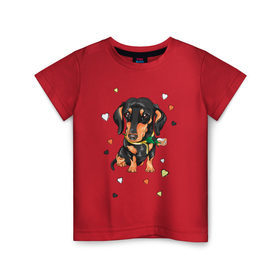 Детская футболка хлопок с принтом Такса с розой в Екатеринбурге, 100% хлопок | круглый вырез горловины, полуприлегающий силуэт, длина до линии бедер | dog | doggy | животные | пес | роза | сердечко | сердце | собака | собачка | такса | цветок | цветы
