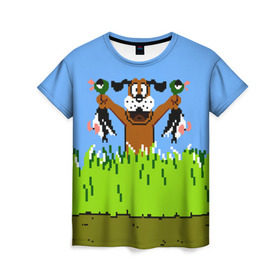 Женская футболка 3D с принтом Duck Hunt в Екатеринбурге, 100% полиэфир ( синтетическое хлопкоподобное полотно) | прямой крой, круглый вырез горловины, длина до линии бедер | 8 bit | 8 бит | dendy | dog | duck | hunt | nes | nintendo | oldschool | pixel art | денди | игра | нинтендо | охота | собака
