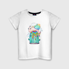 Детская футболка хлопок с принтом Радужная улитка на кактусе в Екатеринбурге, 100% хлопок | круглый вырез горловины, полуприлегающий силуэт, длина до линии бедер | весна | кактус | кислотный | лето | милота | милый | мультяшный | насекомые | облака | природа | радуга | растения | солнце