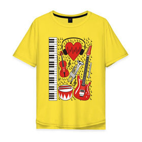 Мужская футболка хлопок Oversize с принтом Музыкальное сердце в Екатеринбурге, 100% хлопок | свободный крой, круглый ворот, “спинка” длиннее передней части | ансамбль | гитара | клавиши | музыка | музыкальные инструменты | ноты | скрипка | три цвета | труба | флейта | фортепиано