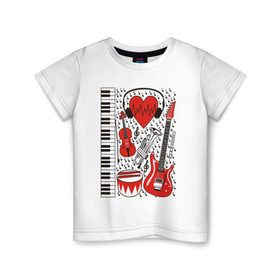Детская футболка хлопок с принтом Музыкальное сердце в Екатеринбурге, 100% хлопок | круглый вырез горловины, полуприлегающий силуэт, длина до линии бедер | ансамбль | гитара | клавиши | музыка | музыкальные инструменты | ноты | скрипка | три цвета | труба | флейта | фортепиано