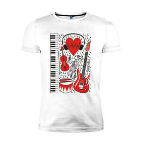 Мужская футболка премиум с принтом Музыкальное сердце в Екатеринбурге, 92% хлопок, 8% лайкра | приталенный силуэт, круглый вырез ворота, длина до линии бедра, короткий рукав | ансамбль | гитара | клавиши | музыка | музыкальные инструменты | ноты | скрипка | три цвета | труба | флейта | фортепиано