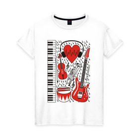 Женская футболка хлопок с принтом Музыкальное сердце в Екатеринбурге, 100% хлопок | прямой крой, круглый вырез горловины, длина до линии бедер, слегка спущенное плечо | ансамбль | гитара | клавиши | музыка | музыкальные инструменты | ноты | скрипка | три цвета | труба | флейта | фортепиано