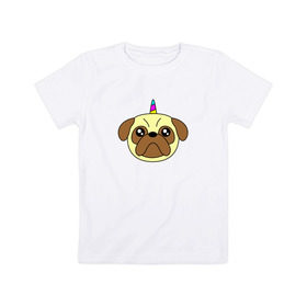 Детская футболка хлопок с принтом Мопс единорог в Екатеринбурге, 100% хлопок | круглый вырез горловины, полуприлегающий силуэт, длина до линии бедер | единорог | мопс | радуга | рог | собака | щенок