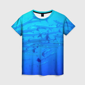 Женская футболка 3D с принтом Морская фауна в Екатеринбурге, 100% полиэфир ( синтетическое хлопкоподобное полотно) | прямой крой, круглый вырез горловины, длина до линии бедер | fish | fishes | pisces | море | морские обитатели | морской | океан | рыбы