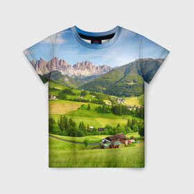 Детская футболка 3D с принтом Альпы в Екатеринбурге, 100% гипоаллергенный полиэфир | прямой крой, круглый вырез горловины, длина до линии бедер, чуть спущенное плечо, ткань немного тянется | австрия | альпы | германия | горный хребет | горы | италия | красота | лес | лихтенштейн | луг | пейзаж | природа | простор | раздолье | словения | франция | швейцария