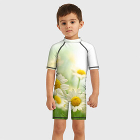 Детский купальный костюм 3D с принтом Полевые ромашки в Екатеринбурге, Полиэстер 85%, Спандекс 15% | застежка на молнии на спине | луг | поле | цветы