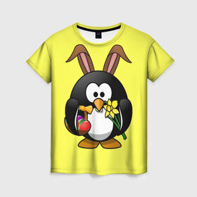 Женская футболка 3D с принтом Пасхальный пингвин в Екатеринбурге, 100% полиэфир ( синтетическое хлопкоподобное полотно) | прямой крой, круглый вырез горловины, длина до линии бедер | весна | кролик | пасха | пингвин | праздники | яйцо