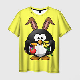 Мужская футболка 3D с принтом Пасхальный пингвин в Екатеринбурге, 100% полиэфир | прямой крой, круглый вырез горловины, длина до линии бедер | Тематика изображения на принте: весна | кролик | пасха | пингвин | праздники | яйцо