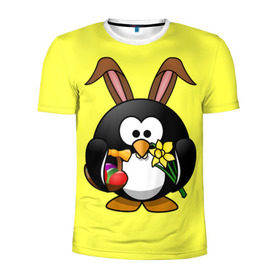 Мужская футболка 3D спортивная с принтом Пасхальный пингвин в Екатеринбурге, 100% полиэстер с улучшенными характеристиками | приталенный силуэт, круглая горловина, широкие плечи, сужается к линии бедра | весна | кролик | пасха | пингвин | праздники | яйцо