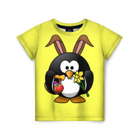 Детская футболка 3D с принтом Пасхальный пингвин в Екатеринбурге, 100% гипоаллергенный полиэфир | прямой крой, круглый вырез горловины, длина до линии бедер, чуть спущенное плечо, ткань немного тянется | весна | кролик | пасха | пингвин | праздники | яйцо