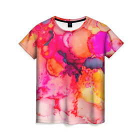 Женская футболка 3D с принтом Весенние краски в Екатеринбурге, 100% полиэфир ( синтетическое хлопкоподобное полотно) | прямой крой, круглый вырез горловины, длина до линии бедер | abstraction | color | spray | tie dye | абстракция | акварель | брызги красок | живопись | искусство | капли капли | краски | текстуры | цветные краски | яркие цвета
