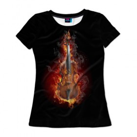 Женская футболка 3D с принтом Пылающая скрипка в Екатеринбурге, 100% полиэфир ( синтетическое хлопкоподобное полотно) | прямой крой, круглый вырез горловины, длина до линии бедер | 