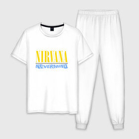 Мужская пижама хлопок с принтом Nirvana nevermino в Екатеринбурге, 100% хлопок | брюки и футболка прямого кроя, без карманов, на брюках мягкая резинка на поясе и по низу штанин
 | cobain | kurt | nevermino | nirvana | альтернативный | гранж | грол | группа | дональд | кобейн | курт | музыка | надпись | нервана | нирвана | новоселич | певец | рок | смайл | смайлик | солист