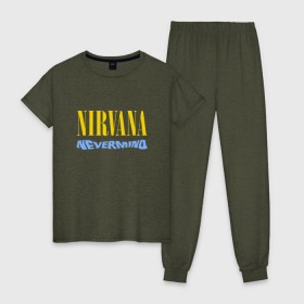 Женская пижама хлопок с принтом Nirvana nevermino в Екатеринбурге, 100% хлопок | брюки и футболка прямого кроя, без карманов, на брюках мягкая резинка на поясе и по низу штанин | cobain | kurt | nevermino | nirvana | альтернативный | гранж | грол | группа | дональд | кобейн | курт | музыка | надпись | нервана | нирвана | новоселич | певец | рок | смайл | смайлик | солист