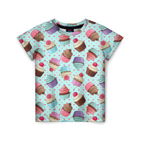 Детская футболка 3D с принтом Милые кексики в Екатеринбурге, 100% гипоаллергенный полиэфир | прямой крой, круглый вырез горловины, длина до линии бедер, чуть спущенное плечо, ткань немного тянется | cupcake | deliciouse | lollipop | strawberry | sweets | yummy | вкусняшки | еда | капкейк | капкейки | клубника | конфета | леденец | сладости | черника