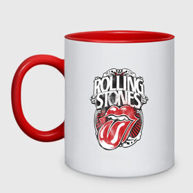 Кружка двухцветная с принтом The Rolling Stones в Екатеринбурге, керамика | объем — 330 мл, диаметр — 80 мм. Цветная ручка и кайма сверху, в некоторых цветах — вся внутренняя часть | the rolling stones | бродяги | вольные странники | группа | катящиеся камни | кит ричардс | мик джаггер | рок | рок н ролл | ролинг | роллинг | рон вуд | стоун | стоунз | стоунс | чарли уоттс