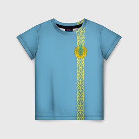 Детская футболка 3D с принтом Казахстан, лента с гербом в Екатеринбурге, 100% гипоаллергенный полиэфир | прямой крой, круглый вырез горловины, длина до линии бедер, чуть спущенное плечо, ткань немного тянется | kaz | kazakhstan | kz | герб | казахстан | орнамент | флаг