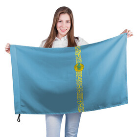 Флаг 3D с принтом Казахстан, лента с гербом в Екатеринбурге, 100% полиэстер | плотность ткани — 95 г/м2, размер — 67 х 109 см. Принт наносится с одной стороны | kaz | kazakhstan | kz | герб | казахстан | орнамент | флаг