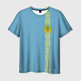 Мужская футболка 3D с принтом Казахстан, лента с гербом в Екатеринбурге, 100% полиэфир | прямой крой, круглый вырез горловины, длина до линии бедер | kaz | kazakhstan | kz | герб | казахстан | орнамент | флаг