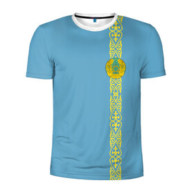 Мужская футболка 3D спортивная с принтом Казахстан, лента с гербом в Екатеринбурге, 100% полиэстер с улучшенными характеристиками | приталенный силуэт, круглая горловина, широкие плечи, сужается к линии бедра | kaz | kazakhstan | kz | герб | казахстан | орнамент | флаг