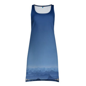 Платье-майка 3D с принтом Blue Mountains в Екатеринбурге, 100% полиэстер | полуприлегающий силуэт, широкие бретели, круглый вырез горловины, удлиненный подол сзади. | вид | горы | ночь | пейзаж | природа | синий | скалы | сумерки | туман | утро