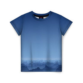 Детская футболка 3D с принтом Blue Mountains в Екатеринбурге, 100% гипоаллергенный полиэфир | прямой крой, круглый вырез горловины, длина до линии бедер, чуть спущенное плечо, ткань немного тянется | Тематика изображения на принте: вид | горы | ночь | пейзаж | природа | синий | скалы | сумерки | туман | утро