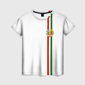 Женская футболка 3D с принтом Таджикистан, лента с гербом в Екатеринбурге, 100% полиэфир ( синтетическое хлопкоподобное полотно) | прямой крой, круглый вырез горловины, длина до линии бедер | tj | tjk | азия | герб | государство | душанбе | знак | надпись | патриот | полосы | республика | символ | снг | страна | таджик | таджики | таджикистан | таджичка | флаг | флага | худжанд | цвета