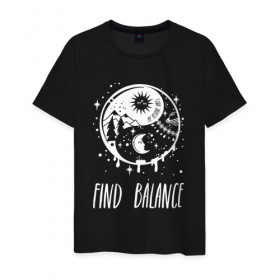 Мужская футболка хлопок с принтом Find balance в Екатеринбурге, 100% хлопок | прямой крой, круглый вырез горловины, длина до линии бедер, слегка спущенное плечо. | balance | moon | nature | positive | stars | sun | vibes | баланс | гармония | звезды | инь | луна | небо | природа | символ | солнце | ян