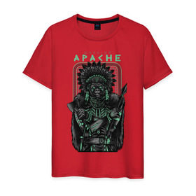 Мужская футболка хлопок с принтом Apache в Екатеринбурге, 100% хлопок | прямой крой, круглый вырез горловины, длина до линии бедер, слегка спущенное плечо. | Тематика изображения на принте: апачи | воин | горилла | индеец | обезьяна