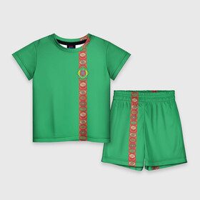 Детский костюм с шортами 3D с принтом Туркменистан, лента с гербом в Екатеринбурге,  |  | tkm | tm | trkmenistan | азия | ашхабад | герб | государство | знак | надпись | патриот | полосы | республика | символ | снг | страна | туркмен | туркменистан | туркмения | флаг | флага | цвета