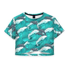Женская футболка 3D укороченная с принтом Дельфины в Екатеринбурге, 100% полиэстер | круглая горловина, длина футболки до линии талии, рукава с отворотами | dolphins | fish | ocean | pattern | sea | summer | waves | волны | дельфины | лето | море | океан | паттерн | рыбы
