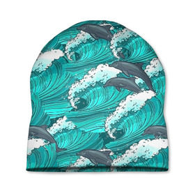 Шапка 3D с принтом Дельфины в Екатеринбурге, 100% полиэстер | универсальный размер, печать по всей поверхности изделия | dolphins | fish | ocean | pattern | sea | summer | waves | волны | дельфины | лето | море | океан | паттерн | рыбы