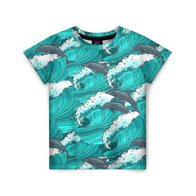 Детская футболка 3D с принтом Дельфины в Екатеринбурге, 100% гипоаллергенный полиэфир | прямой крой, круглый вырез горловины, длина до линии бедер, чуть спущенное плечо, ткань немного тянется | dolphins | fish | ocean | pattern | sea | summer | waves | волны | дельфины | лето | море | океан | паттерн | рыбы