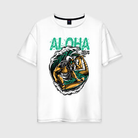 Женская футболка хлопок Oversize с принтом Алоха в Екатеринбурге, 100% хлопок | свободный крой, круглый ворот, спущенный рукав, длина до линии бедер
 | для отдыха | для отпуска | доска | море | на доске | пальмы | пляж | серф | серфинг | солнце