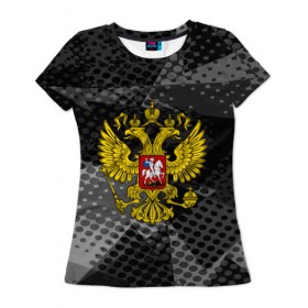 Женская футболка 3D с принтом RUSSIA BLACK GEOMETRY в Екатеринбурге, 100% полиэфир ( синтетическое хлопкоподобное полотно) | прямой крой, круглый вырез горловины, длина до линии бедер | abstraction | grunge | russia | sport | абстракция | герб | краска | русский | символика рф | спорт | спортивный | триколор | униформа | форма | я русский