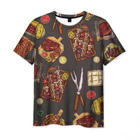 Мужская футболка 3D с принтом Вкуснятина в Екатеринбурге, 100% полиэфир | прямой крой, круглый вырез горловины, длина до линии бедер | Тематика изображения на принте: барбекю | еда | кулинария | мясо | повар | стейк | шашлык