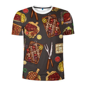 Мужская футболка 3D спортивная с принтом Вкуснятина в Екатеринбурге, 100% полиэстер с улучшенными характеристиками | приталенный силуэт, круглая горловина, широкие плечи, сужается к линии бедра | Тематика изображения на принте: барбекю | еда | кулинария | мясо | повар | стейк | шашлык