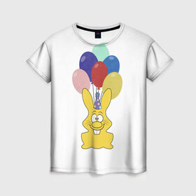 Женская футболка 3D с принтом Зайчик с шарами в Екатеринбурге, 100% полиэфир ( синтетическое хлопкоподобное полотно) | прямой крой, круглый вырез горловины, длина до линии бедер | желейный зайчик | желейный заяц | заяц