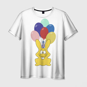 Мужская футболка 3D с принтом Зайчик с шарами в Екатеринбурге, 100% полиэфир | прямой крой, круглый вырез горловины, длина до линии бедер | желейный зайчик | желейный заяц | заяц