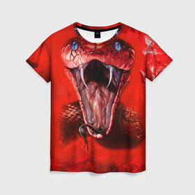 Женская футболка 3D с принтом Red Snake в Екатеринбурге, 100% полиэфир ( синтетическое хлопкоподобное полотно) | прямой крой, круглый вырез горловины, длина до линии бедер | art | halloween | snake | арт | змея | клыки | красная | мамба | хэллоуин | яд