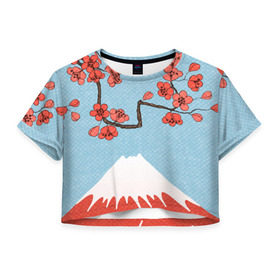 Женская футболка 3D укороченная с принтом Гора Фудзияма в Екатеринбурге, 100% полиэстер | круглая горловина, длина футболки до линии талии, рукава с отворотами | белый | вершина | вишня | зима | красный | сакура | синий | снег | япония