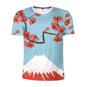 Мужская футболка 3D спортивная с принтом Гора Фудзияма в Екатеринбурге, 100% полиэстер с улучшенными характеристиками | приталенный силуэт, круглая горловина, широкие плечи, сужается к линии бедра | Тематика изображения на принте: белый | вершина | вишня | зима | красный | сакура | синий | снег | япония