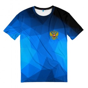 Мужская футболка 3D с принтом Russia lowpoly collection blue в Екатеринбурге, 100% полиэфир | прямой крой, круглый вырез горловины, длина до линии бедер | abstraction | grunge | russia | sport | абстракция | герб | краска | русский | символика рф | спорт | спортивный | триколор | униформа | форма | я русский