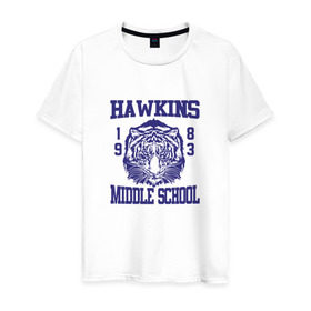 Мужская футболка хлопок с принтом Hawkins middle school в Екатеринбурге, 100% хлопок | прямой крой, круглый вырез горловины, длина до линии бедер, слегка спущенное плечо. | hawkins | stranger things | очень странные дела | хоукинс