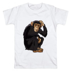 Мужская футболка хлопок с принтом Обезьяна думает в Екатеринбурге, 100% хлопок | прямой крой, круглый вырез горловины, длина до линии бедер, слегка спущенное плечо. | думать | животное | мавпа | обезьяна | человек